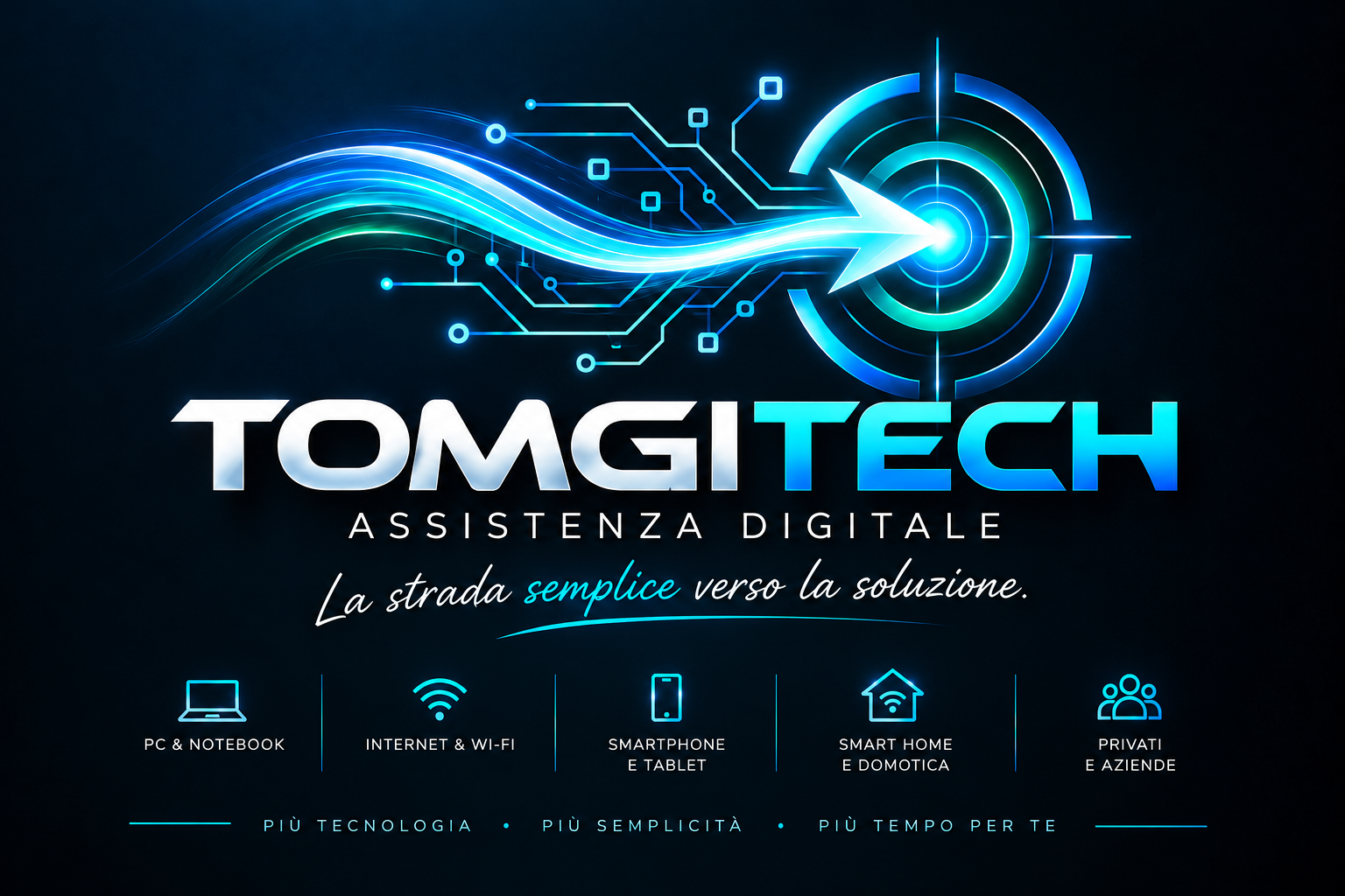 Logo TOMGITECH: freccia luminosa tra circuiti elettronici verso un bersaglio; assistenza digitale, la strada semplice verso la soluzione.